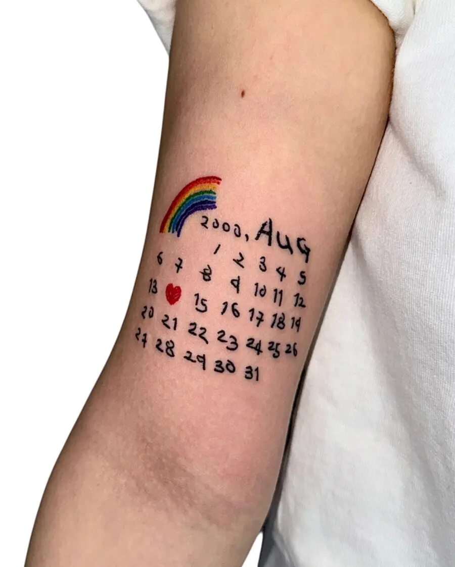 Colorful calendar tattoo celebrating a special date