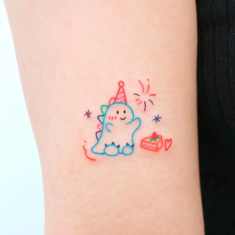 Adorable Birthday Dinosaur Tattoo With Celebration Vibes