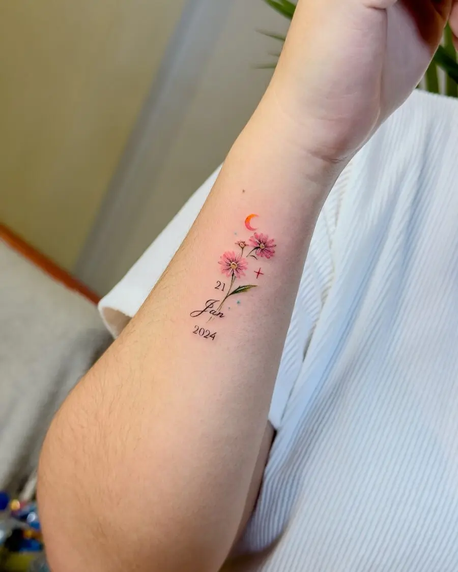 Charming floral birthday tattoo design with date