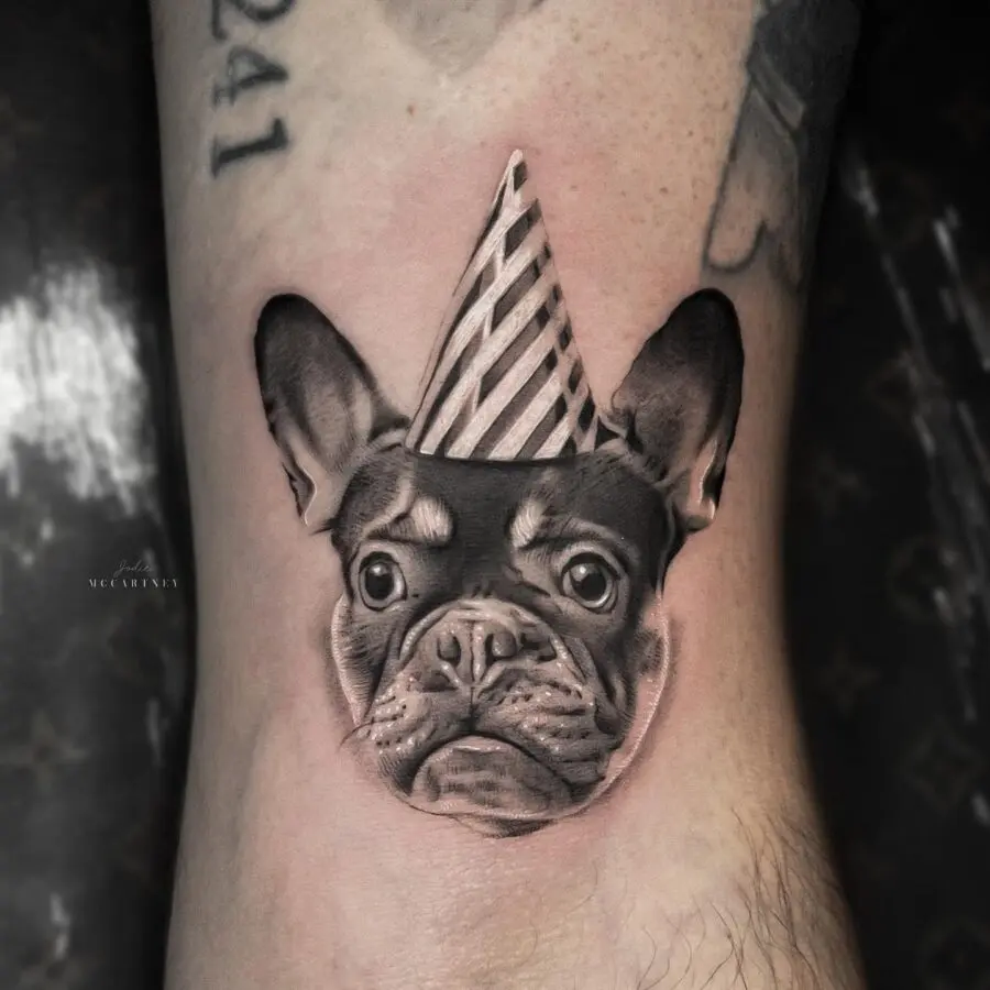 Festive French Bulldog Birthday Tattoo Design