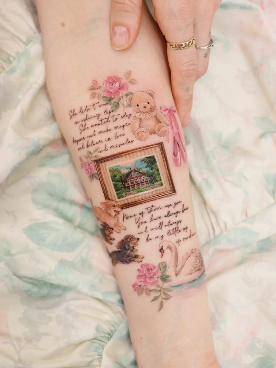 Whimsical birthday tattoo with charming elements