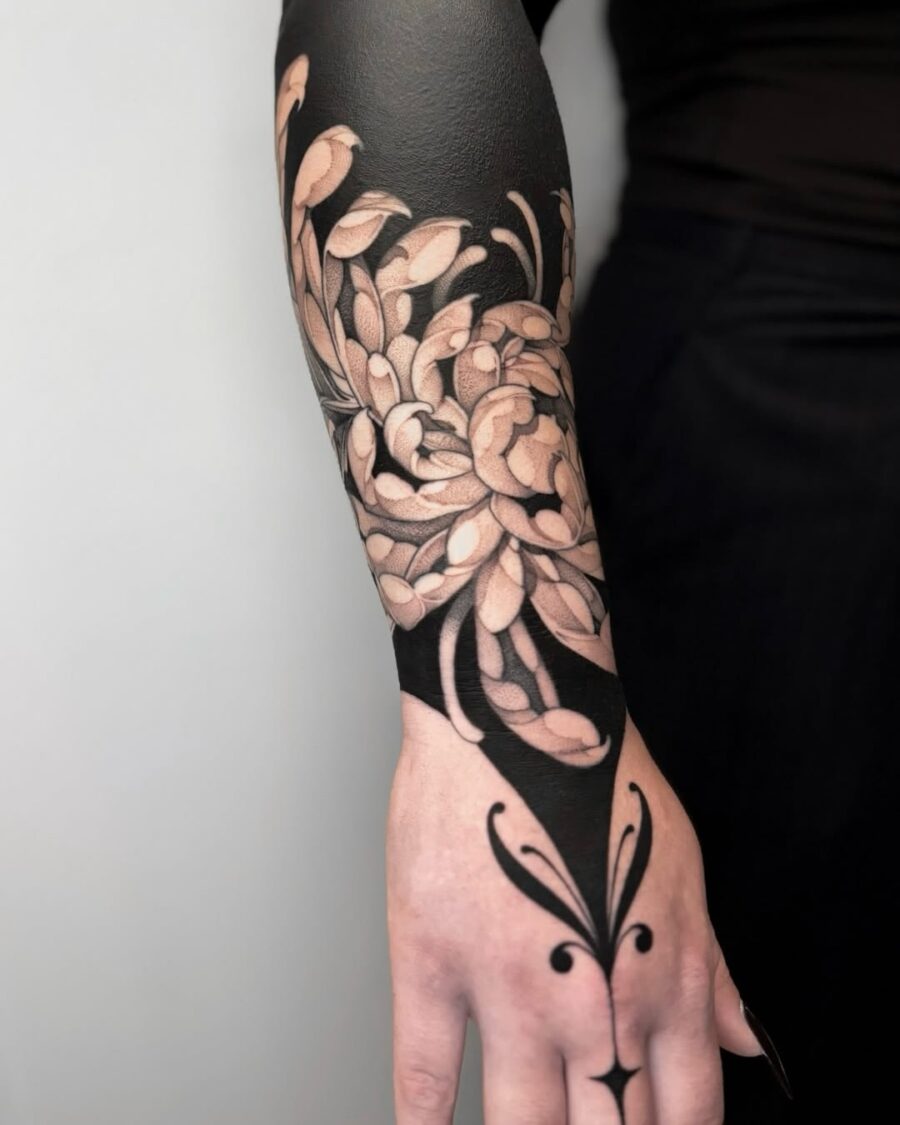 Stylish black and white floral tattoo sleeve