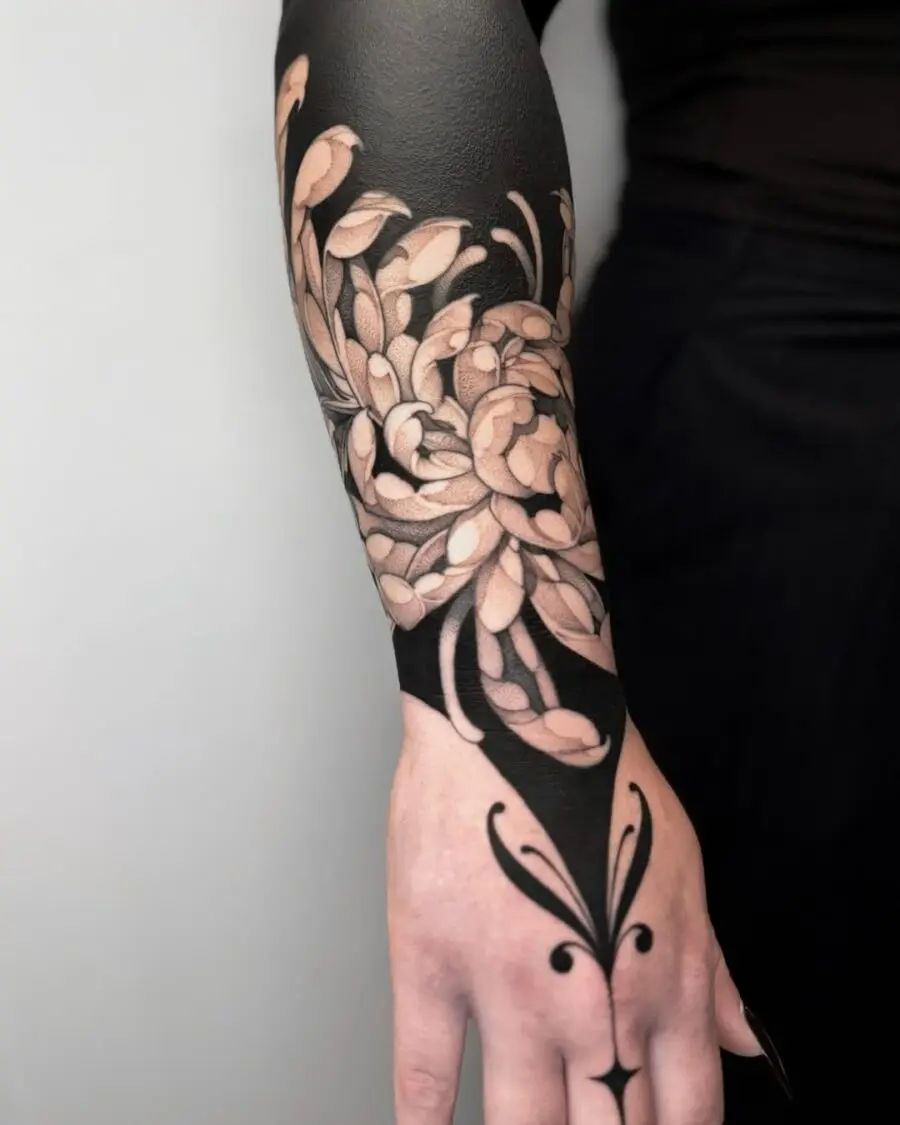 Stylish black and white floral tattoo sleeve