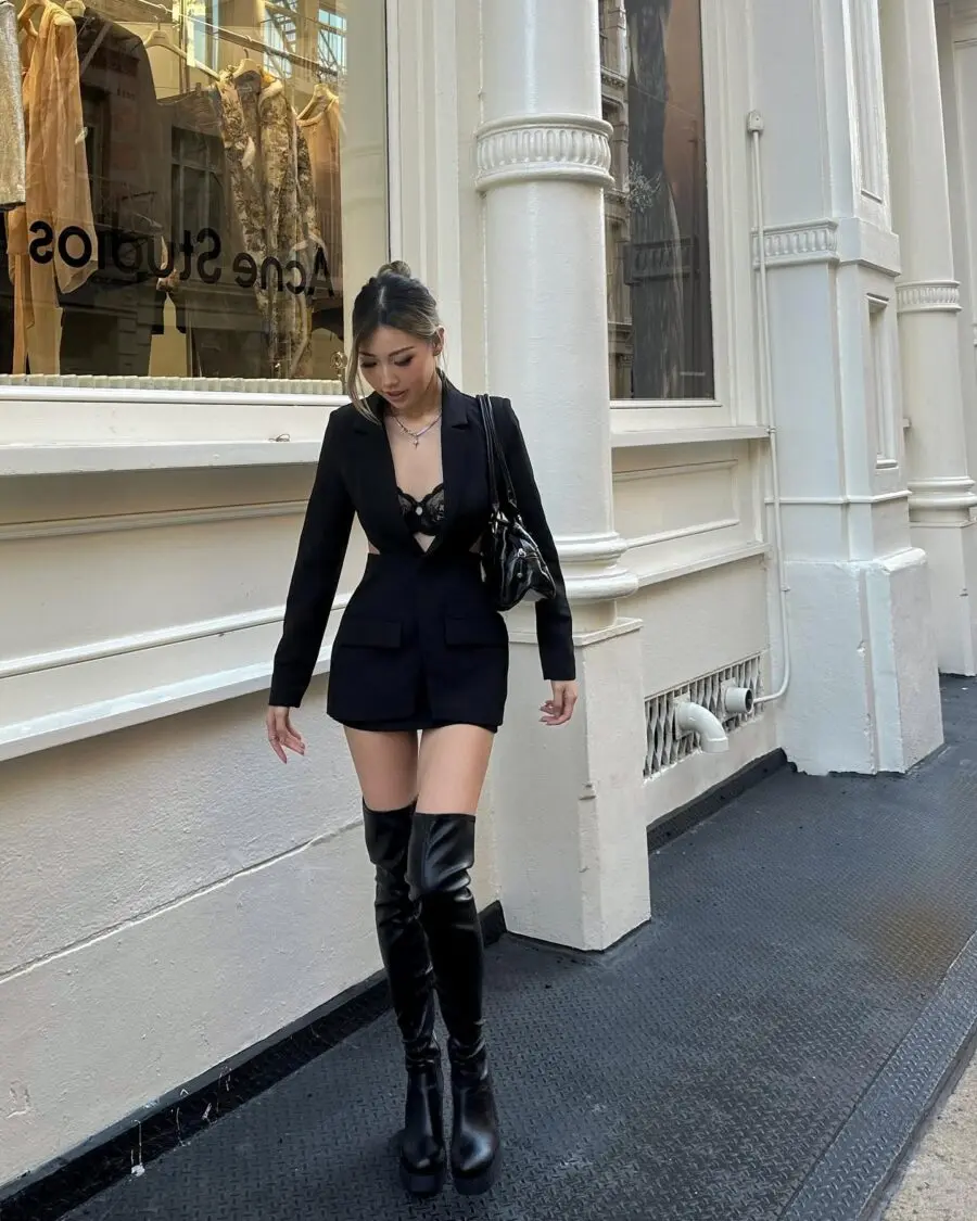 Chic Blazer Dress with Thigh-High Boots