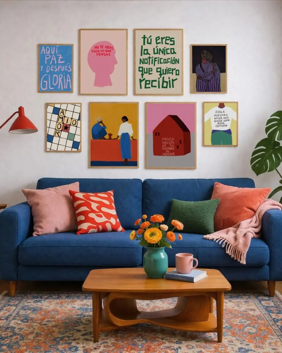Chic blue living room with vibrant wall art