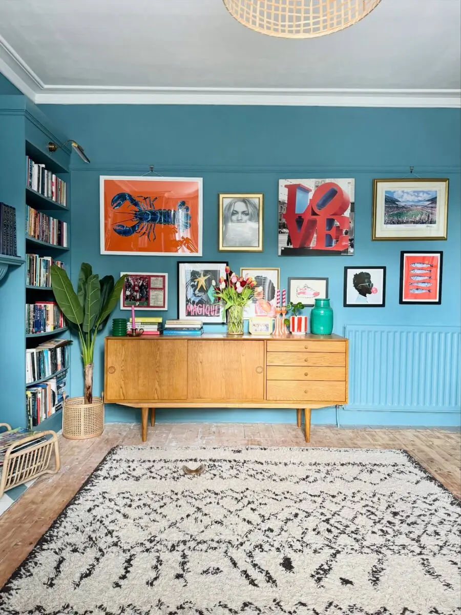 Vibrant Blue Living Room with Eclectic Decor