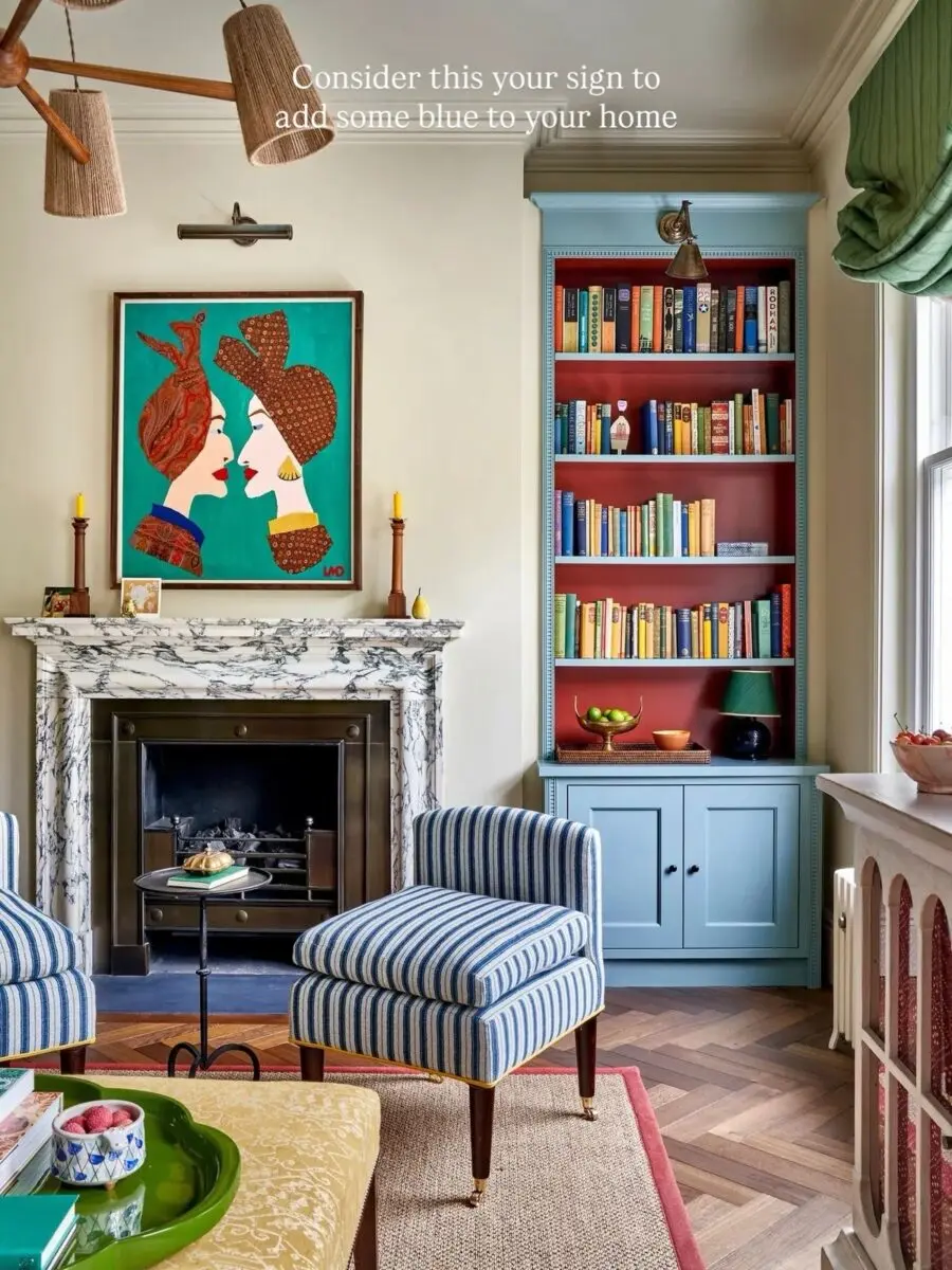 Charming blue accents elevate cozy living spaces