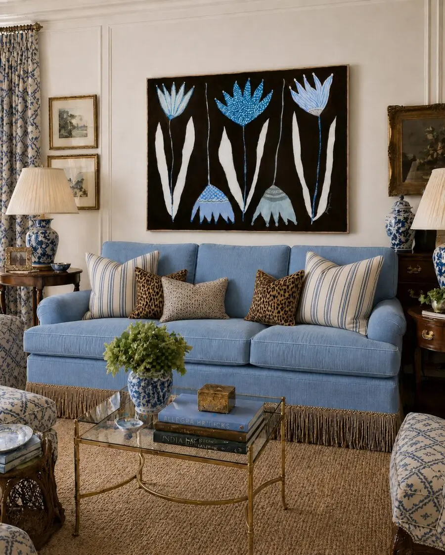 Elegant blue living room with floral accents
