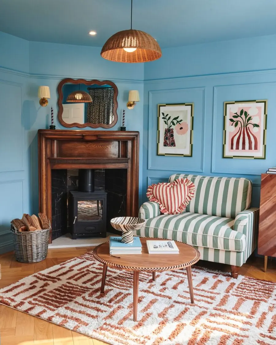 Bright blue living room with rustic charm