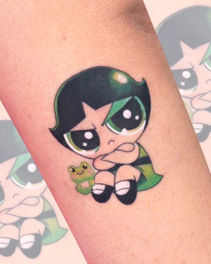 Whimsical tattoo of Buttercup and frog