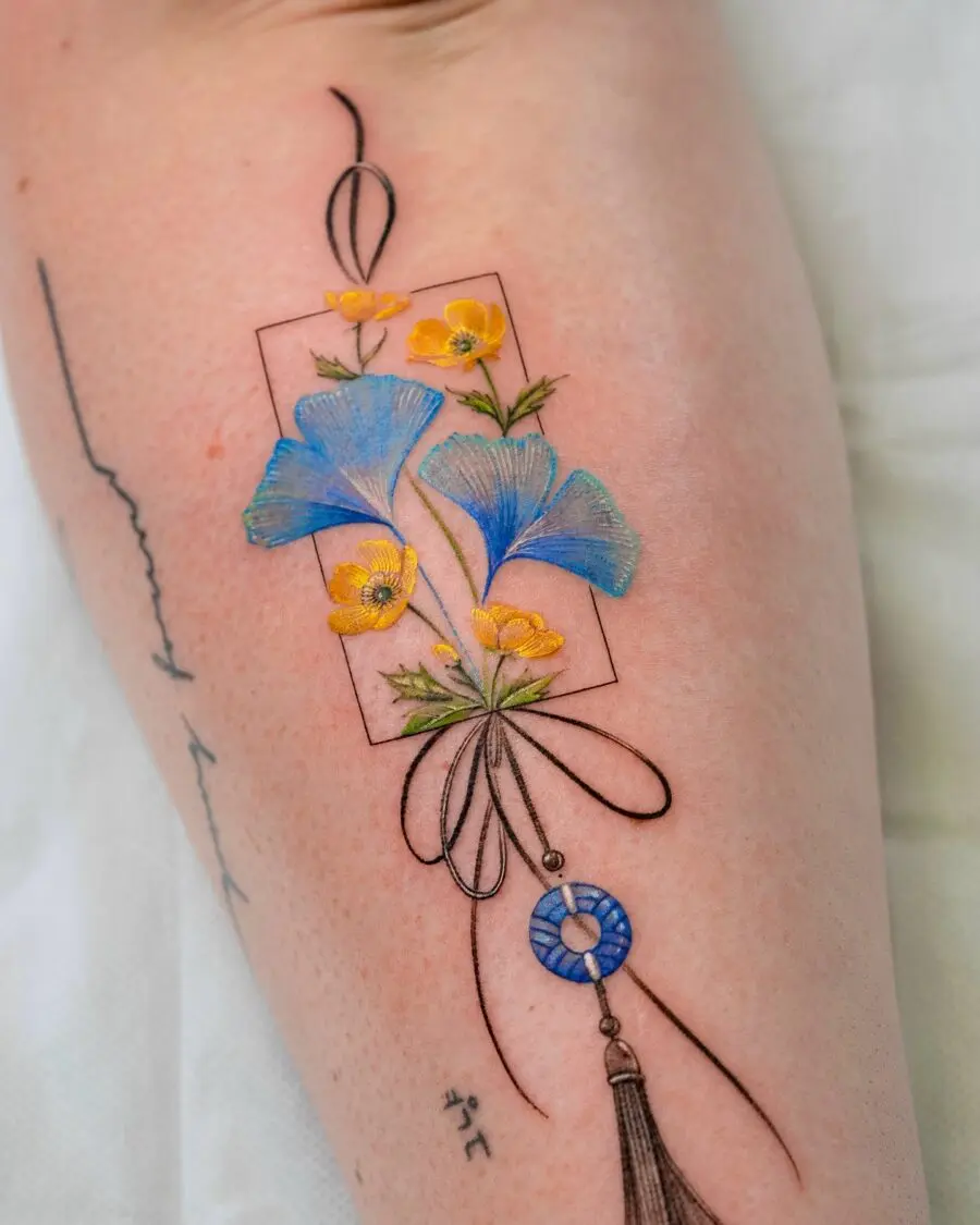 Elegant buttercup flower tattoo with intricate details