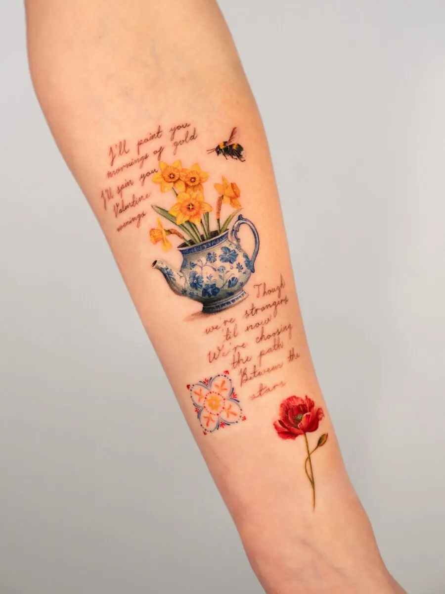 A colorful buttercup flower tattoo sleeve.