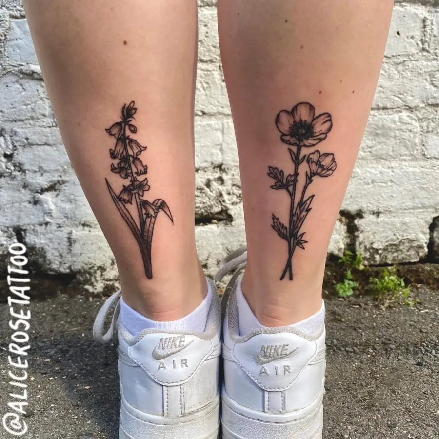 Elegant Buttercup Flower Tattoos on Legs