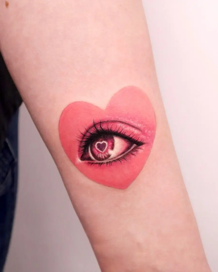 Whimsical heart-shaped eye tattoo design