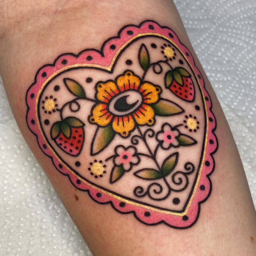 Vibrant Candy Heart Tattoo with Floral Design