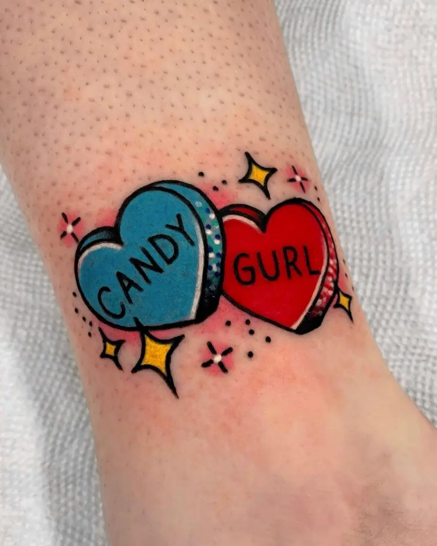 Colorful candy hearts tattoo with playful vibes