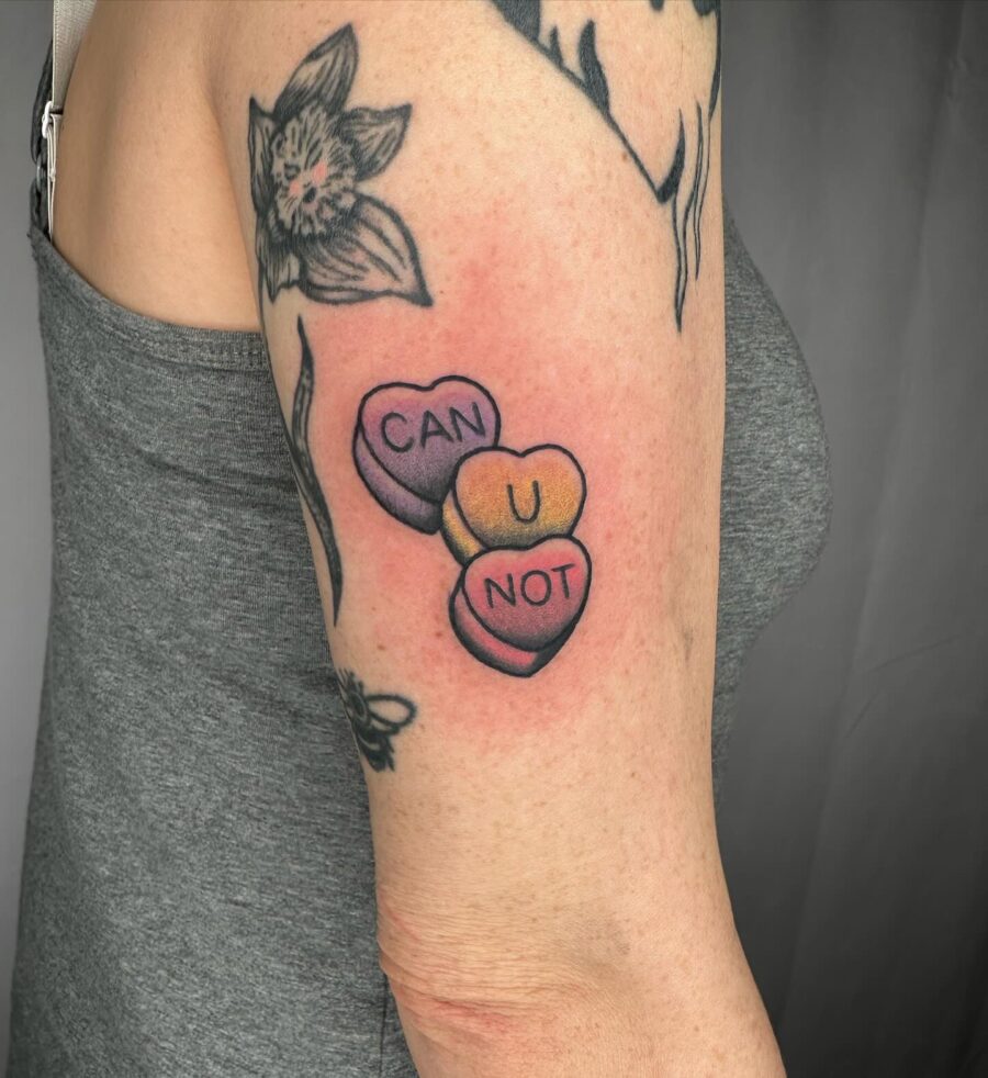 Charming candy heart tattoo with sweet words