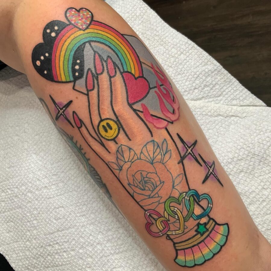 Bright and playful candy heart tattoo art