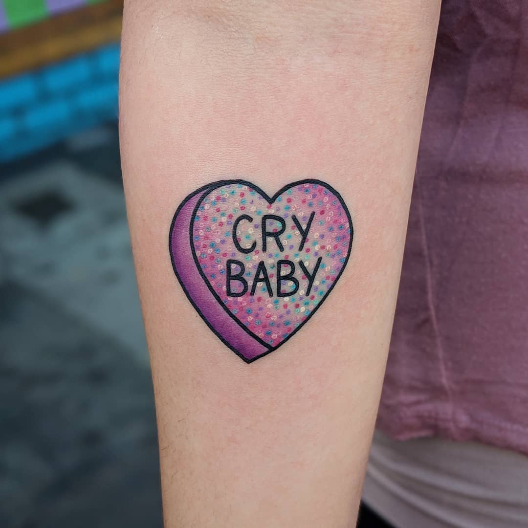 Vivid Candy Heart Tattoo with Unique Message