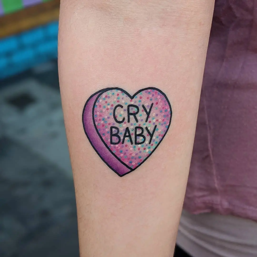 Vivid Candy Heart Tattoo with Unique Message