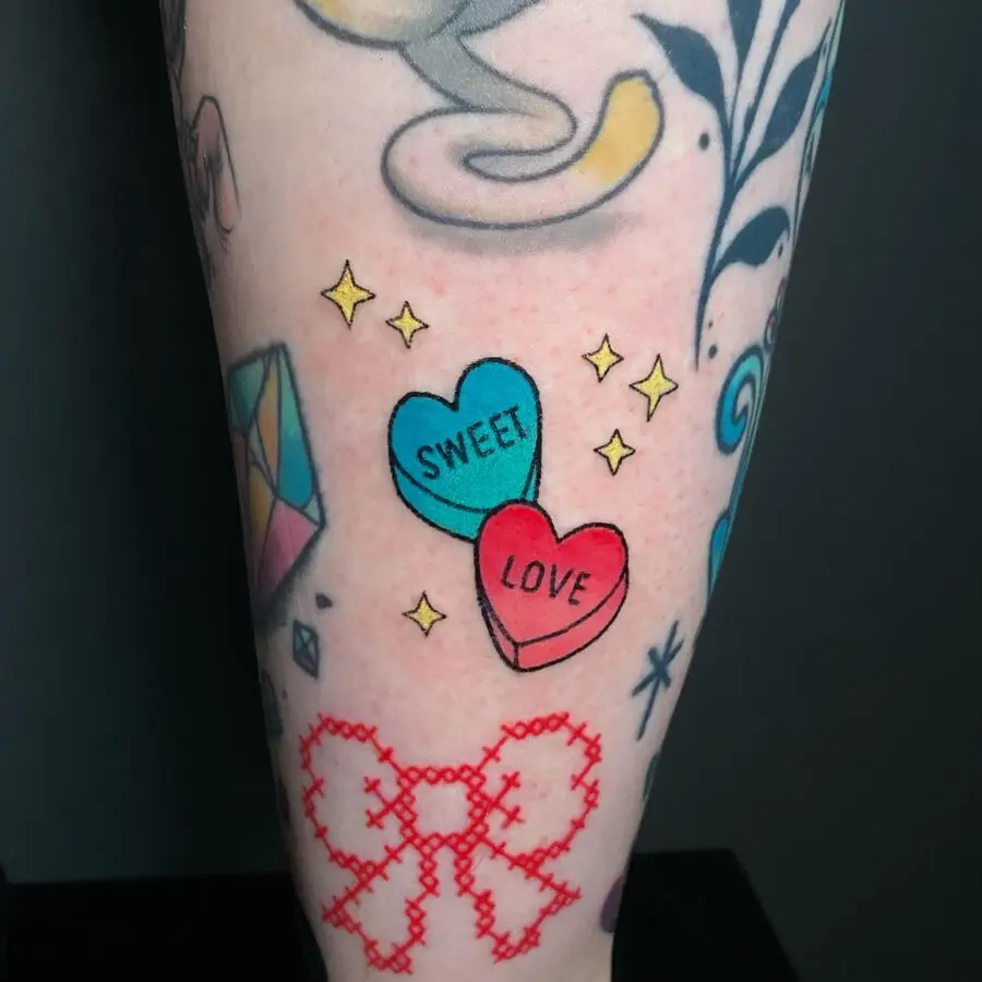 Colorful candy heart tattoos with playful vibes