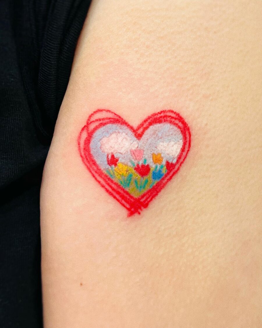 Colorful candy heart tattoo with floral details
