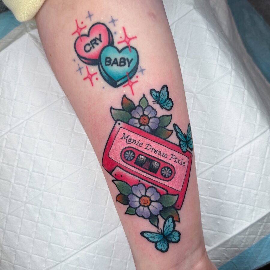 Colorful 90s-inspired candy heart tattoos collection
