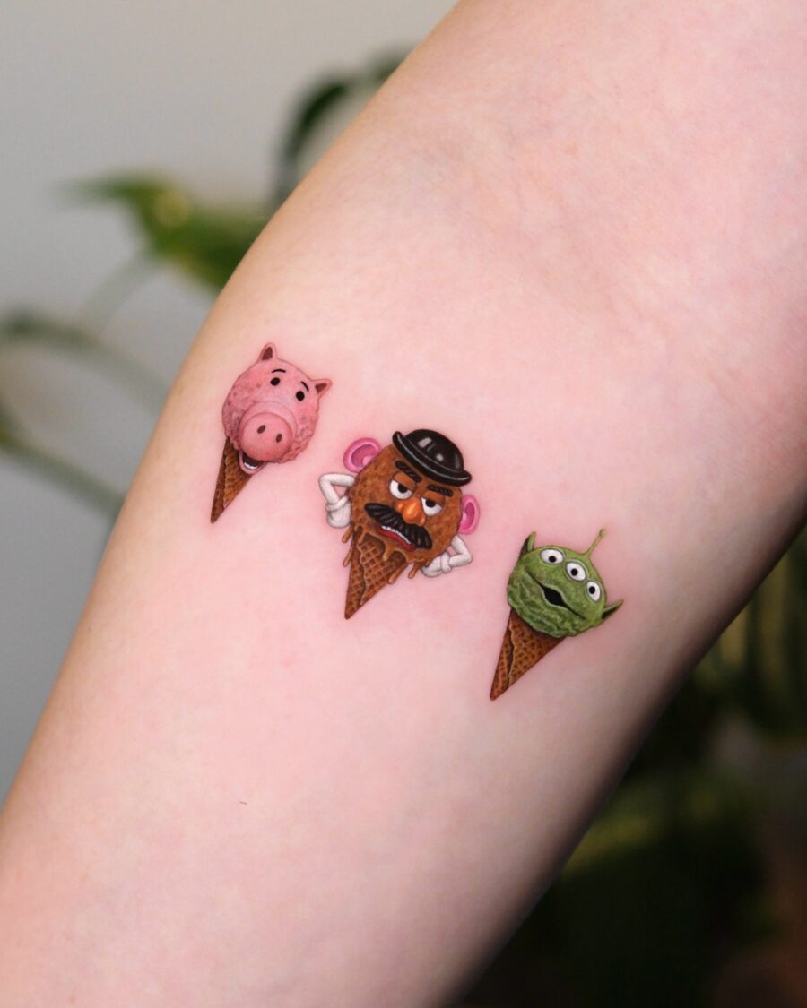 Fun and whimsical cartoon tattoos in vibrant colors