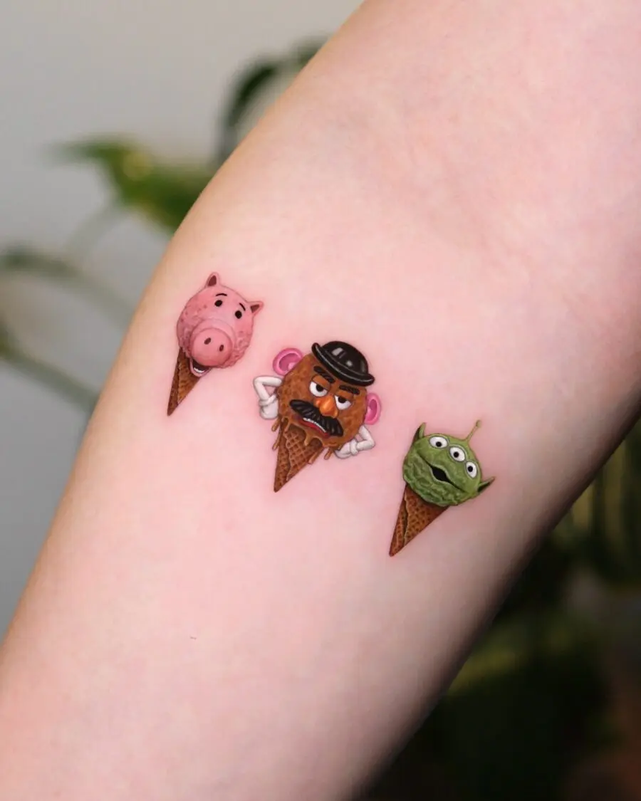 Fun and whimsical cartoon tattoos in vibrant colors