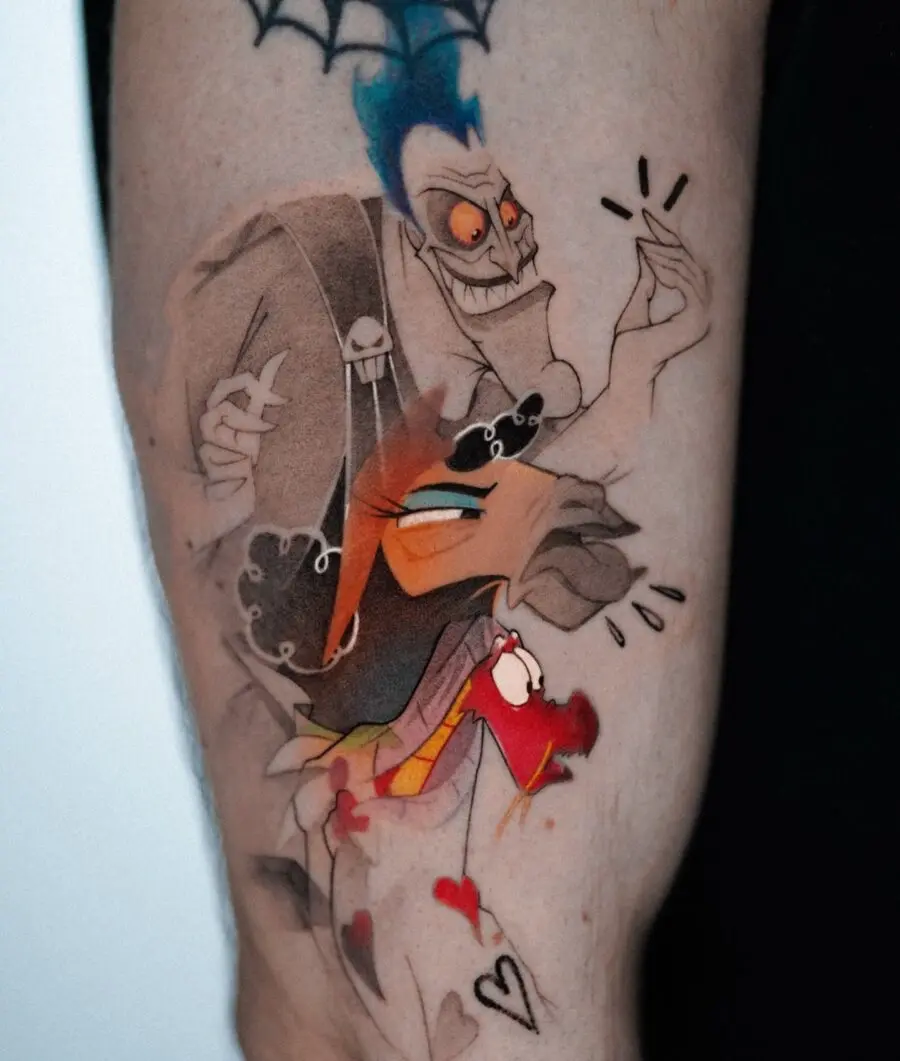 Stylized cartoon tattoos featuring Hades and Medusa