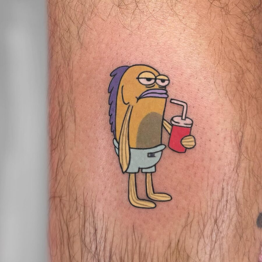 Quirky fish tattoo with drink character
