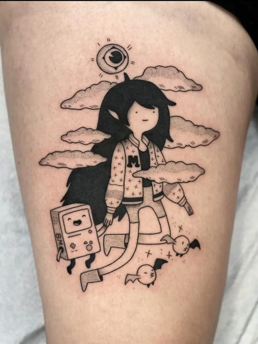 Whimsical Cartoon Tattoo with Clouds and BMO