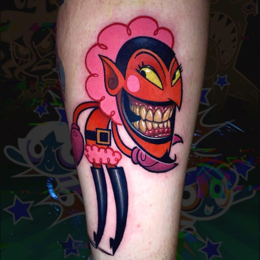 Vibrant cartoon evil character tattoo design
