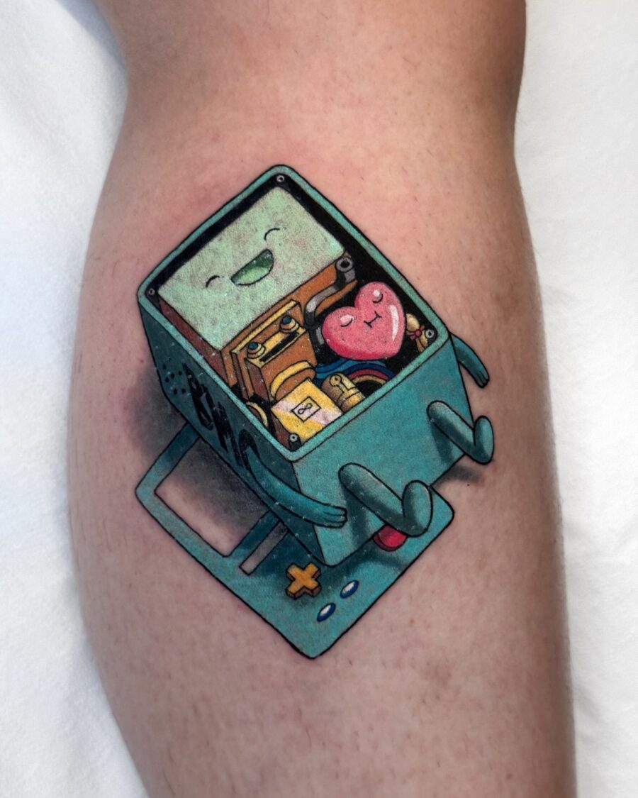 Playful cartoon tattoo of BMO and heart