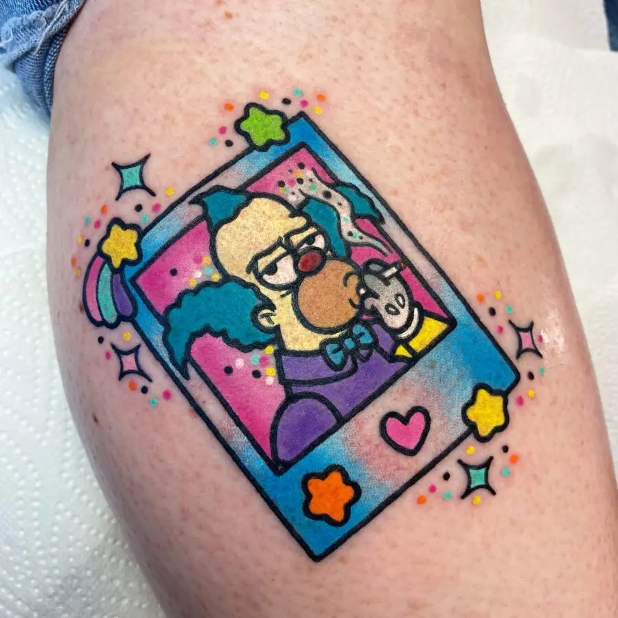 Colorful cartoon tattoo with a nostalgic touch