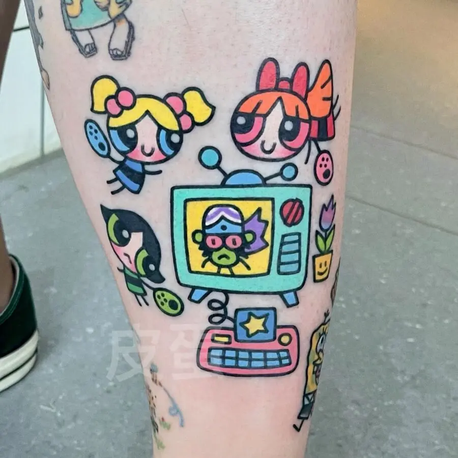 Colorful cartoon characters in vibrant tattoo art