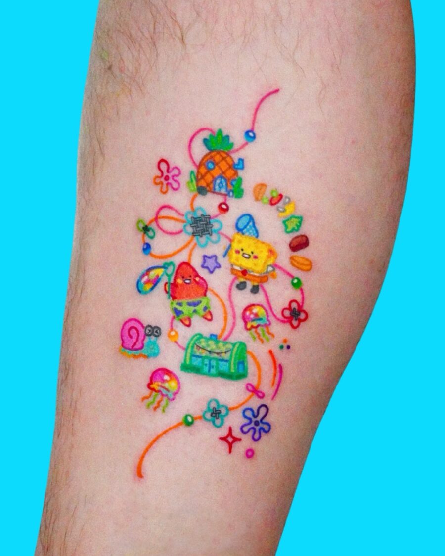 Playful Spongebob-Themed Cartoon Tattoo Art