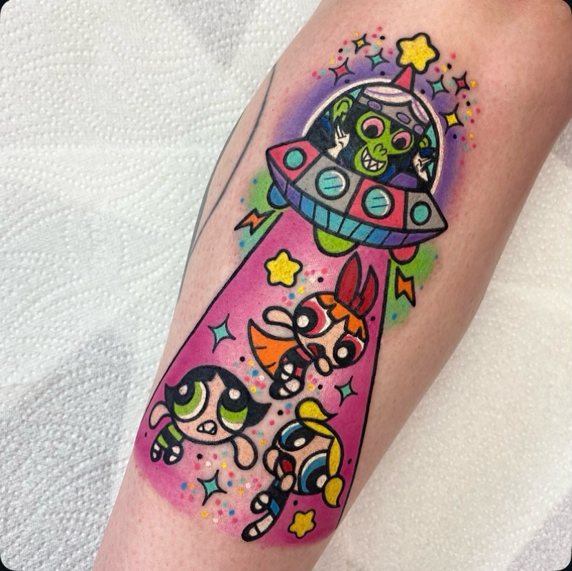 Playful Powerpuff Girls Alien Abduction Tattoo