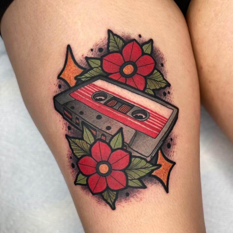 Colorful cassette tape with floral accents