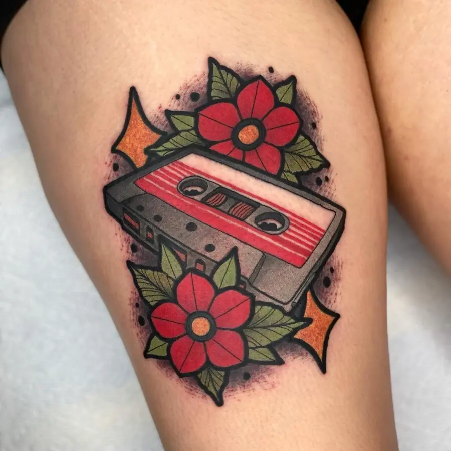 Colorful cassette tape with floral accents