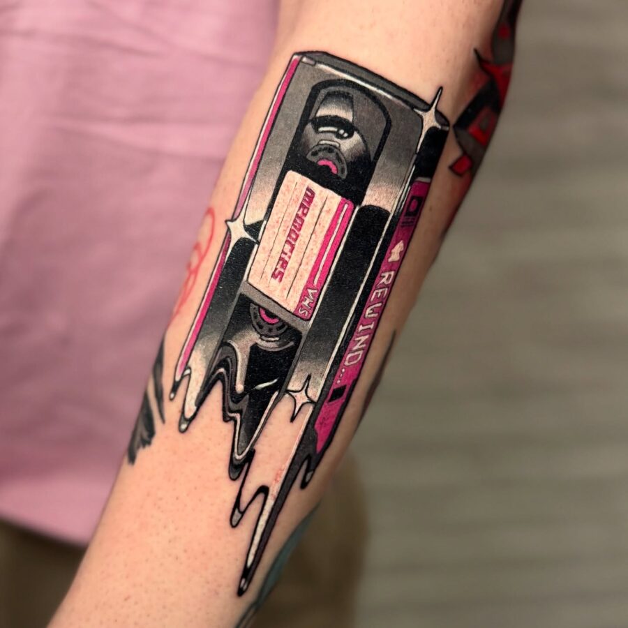 Vintage cassette tape tattoo with vibrant colors