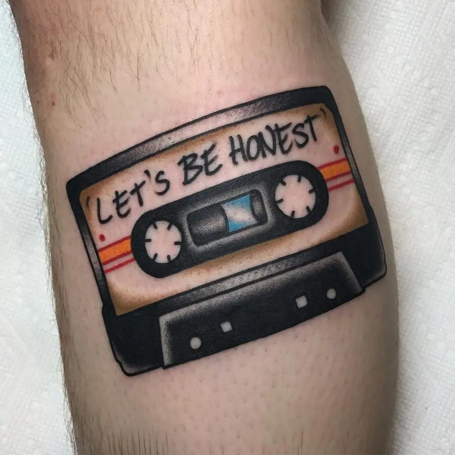 Retro cassette tattoo with a playful message