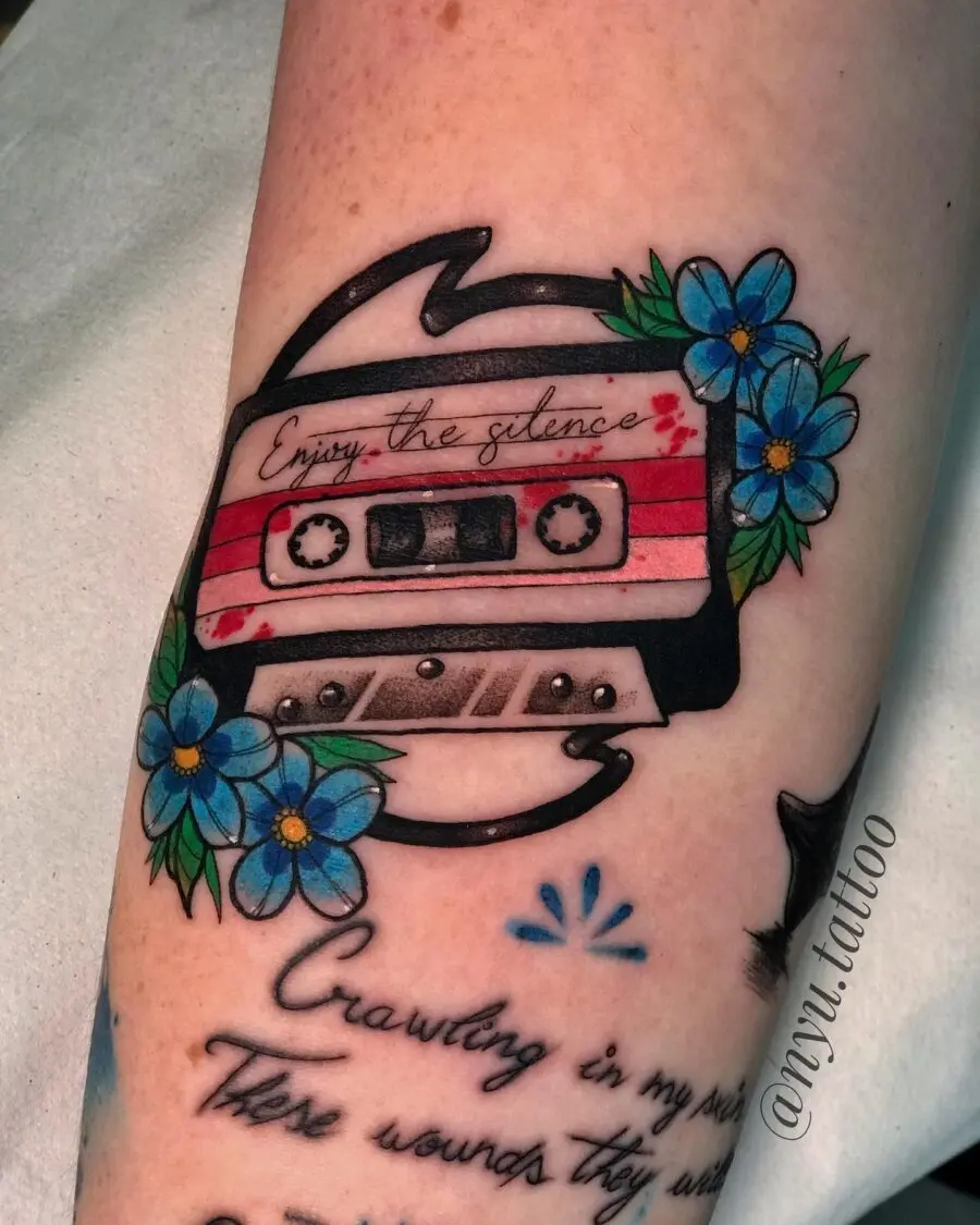 Colorful cassette tape design with floral accents
