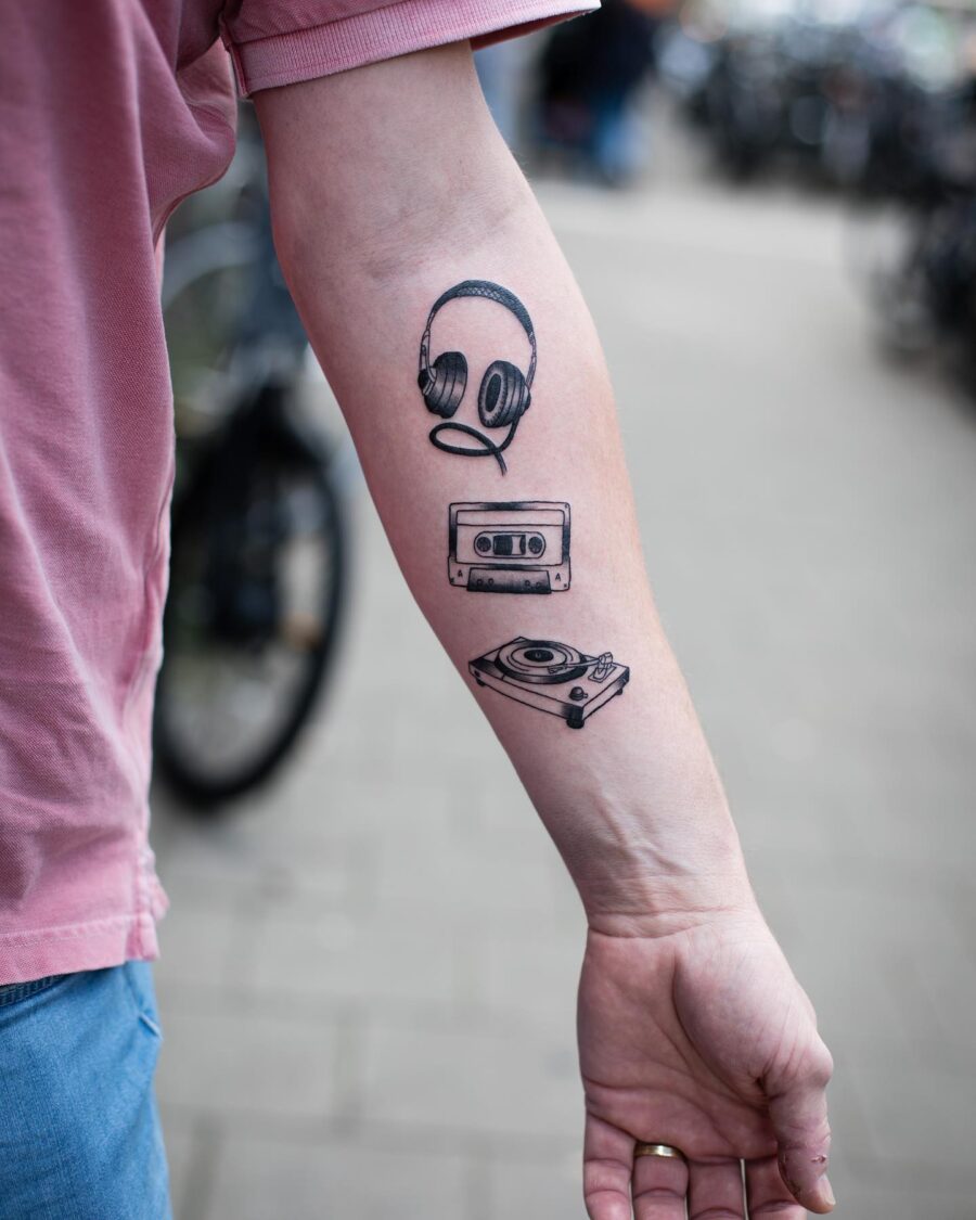 Vintage music tattoos celebrating retro vibes