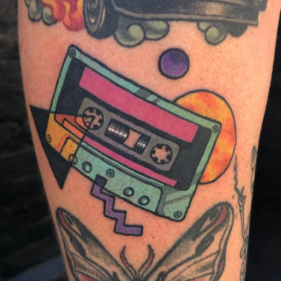 Colorful cassette tape tattoo with retro vibes