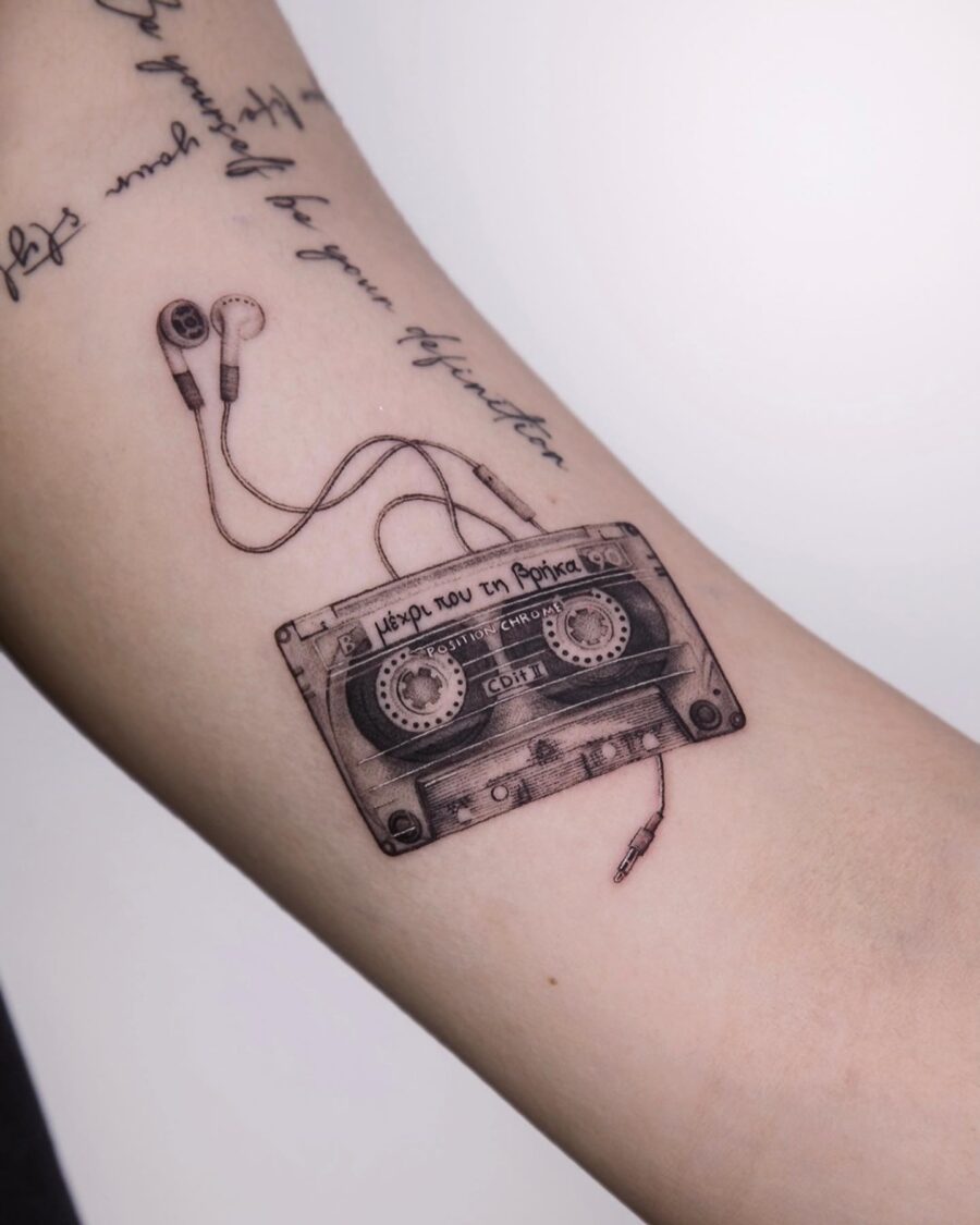 Nostalgic cassette tape tattoo with headphones