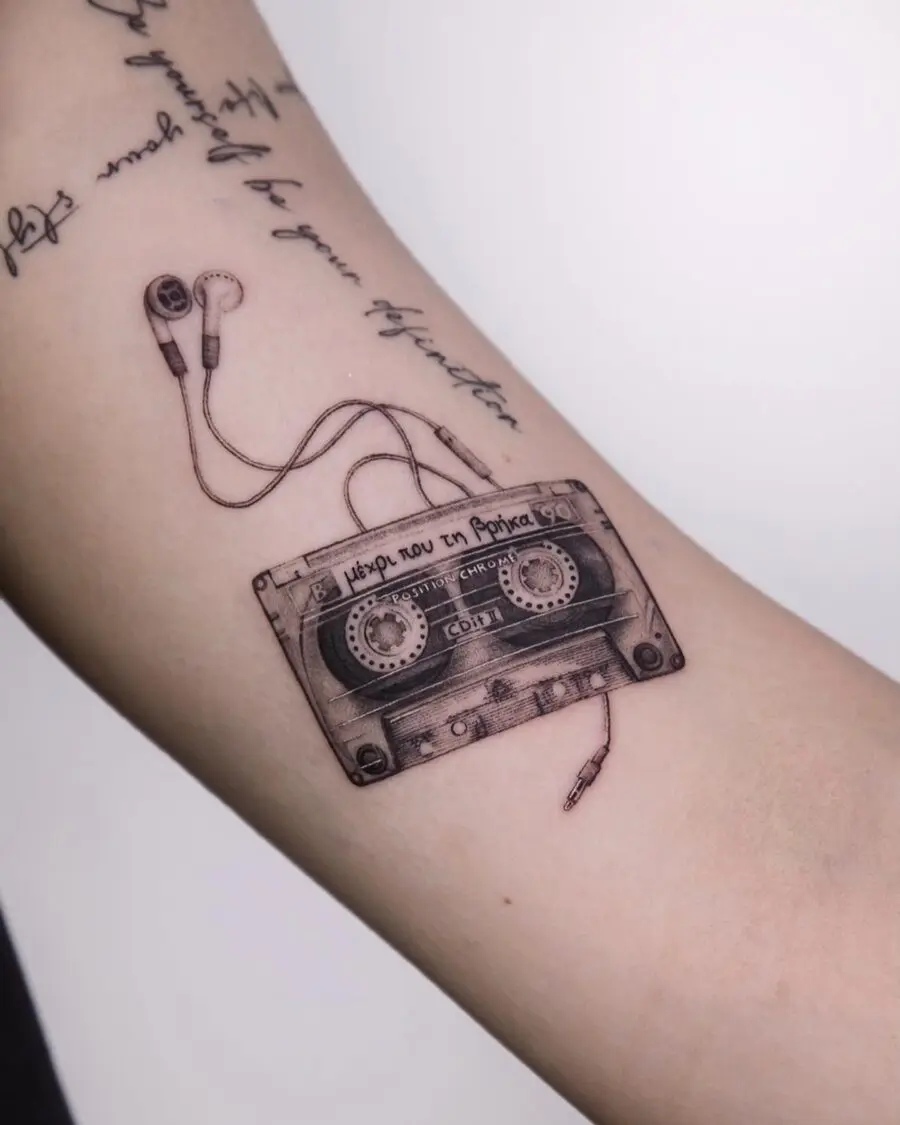 Nostalgic cassette tape tattoo with headphones