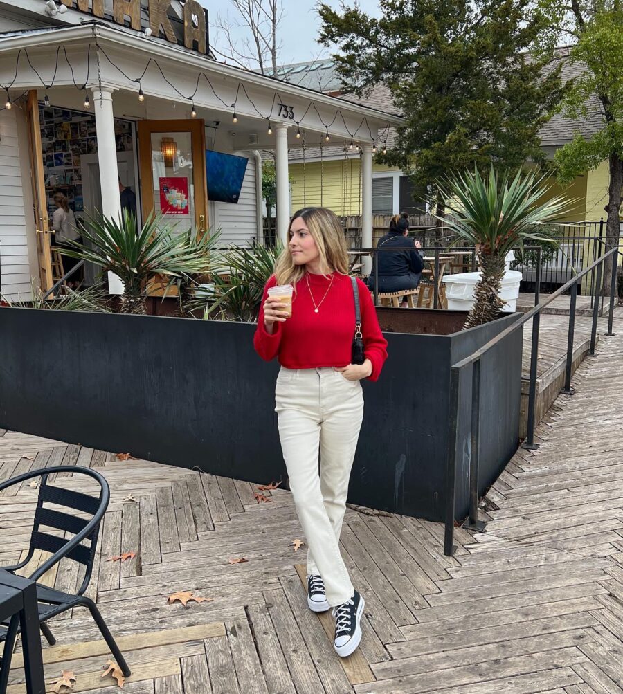 Casual Chic in Red Sweater and Converse