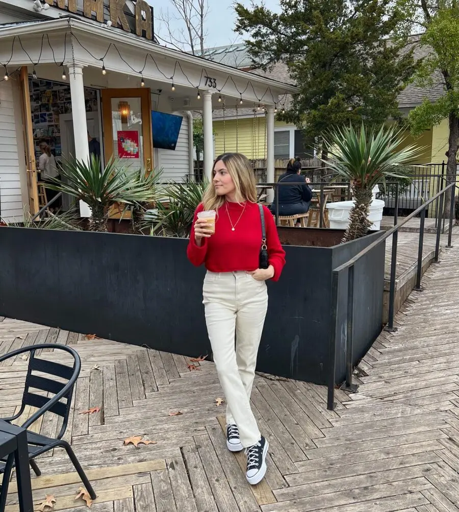 Casual Chic in Red Sweater and Converse