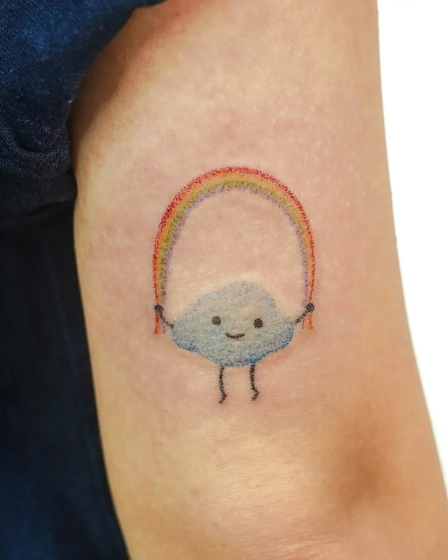 Playful cloud holding a vibrant rainbow